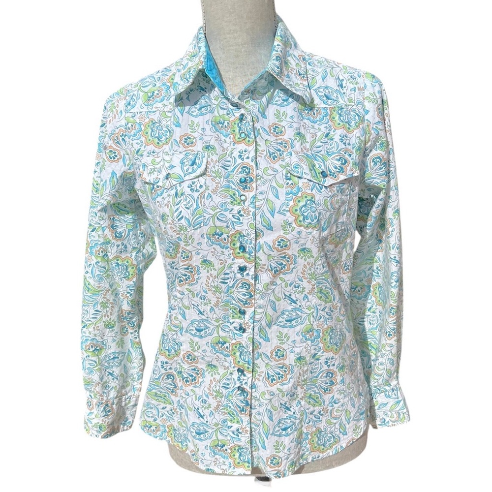 Life Style Floral Western Button Up Blouse Top Metallic Stripe Medium